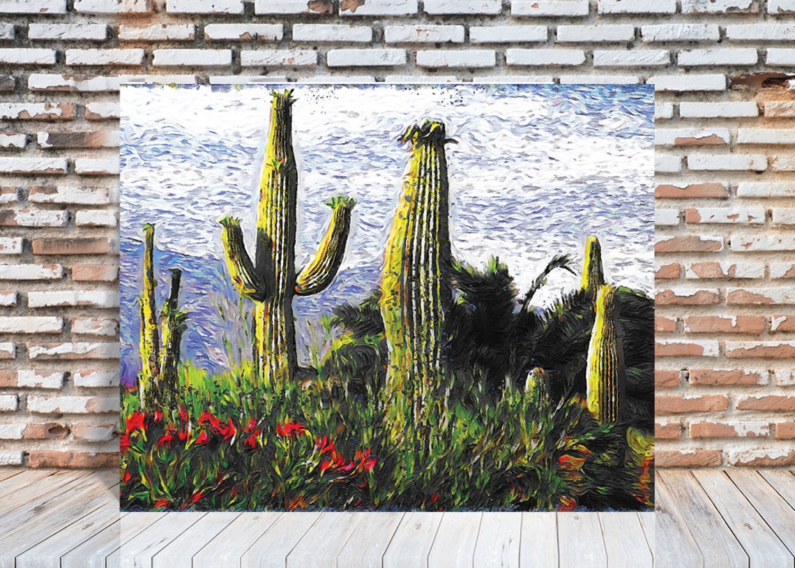 Saguaro Cacti Desert Wildflower Bloom Sunny Day Impressionist Poster - Image 4