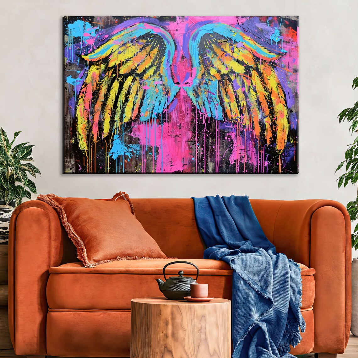 Colorful Neon Angel Wings Pop Art Pink Blue Yellow Graffiti Wall Art - Image 3