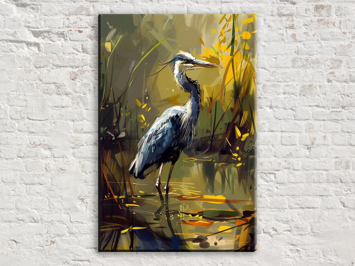 Rustic Blue Heron Marshland Scene Wall Art Print