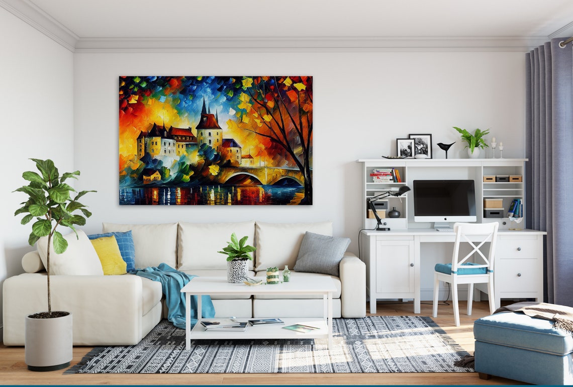 Old Town Castle Riverside Sunset Bridge Colorful Impasto Art Poster - Image 3
