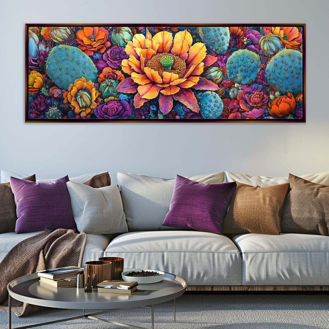 Desert Cactus Bloom Panoramic Vibrant Orange Purple Flowers Wall Art - Image 5