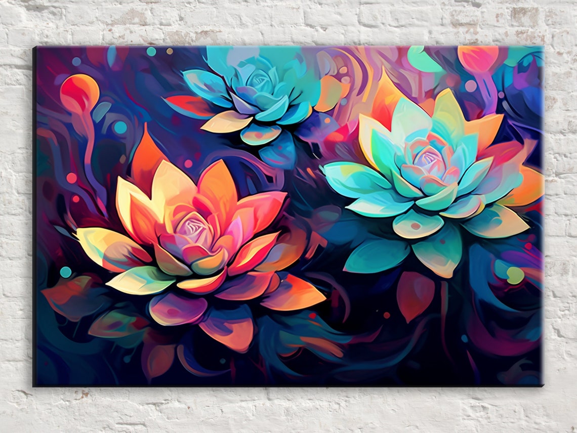 Neon Succulent Botanical Art Glowing Coral Teal Modern Wall Poster