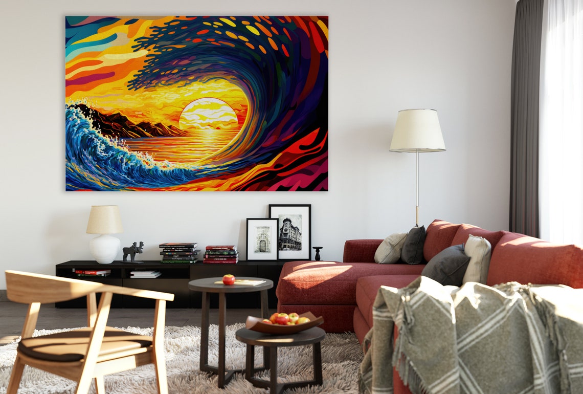 Ocean Wave Art Print Surf California Print Sunset Pipeline Painting Big Wave Colorful Artwork - Image 3