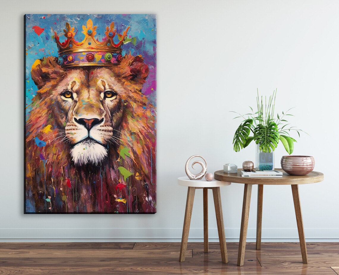 Golden Crown Lion Portrait Colorful Paint Drip Majesty Poster - Image 3