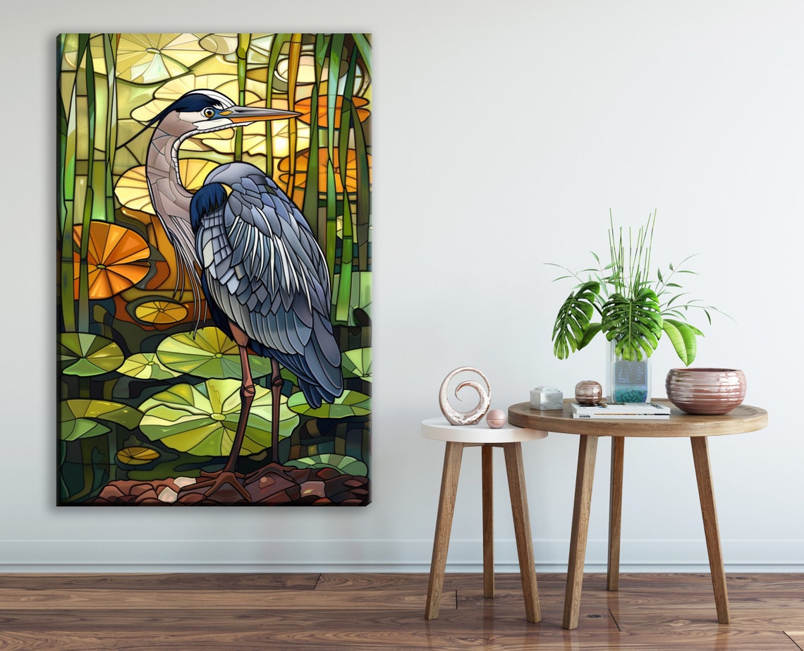 Blue Heron Stained Glass Marsh Lily Pads Leaded Glass Art Poster - Image 2