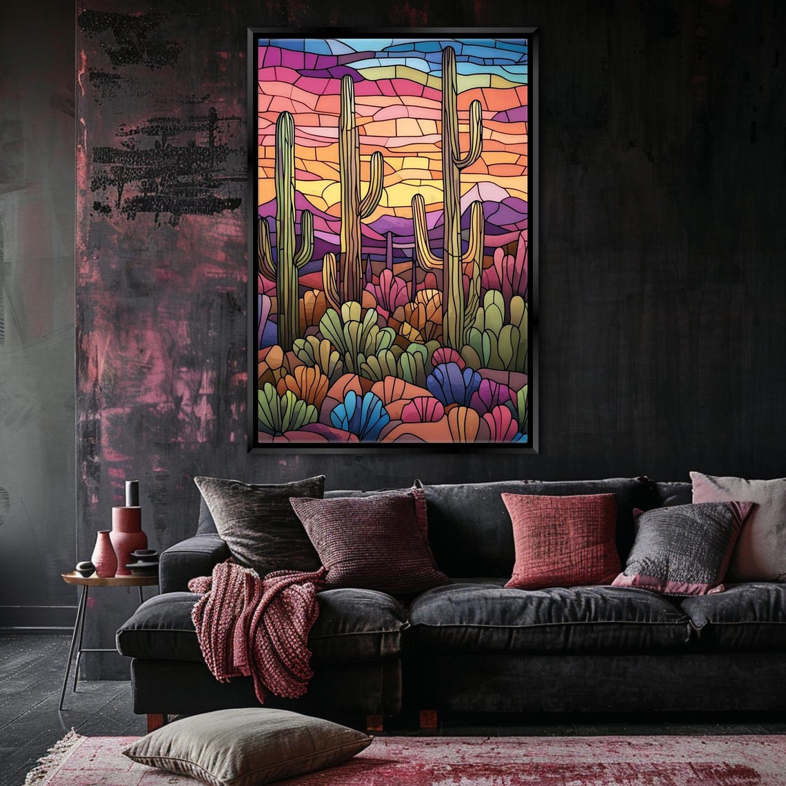 Stained Glass Saguaro Desert Sunset Cactus Landscape Art Poster Print - Image 5