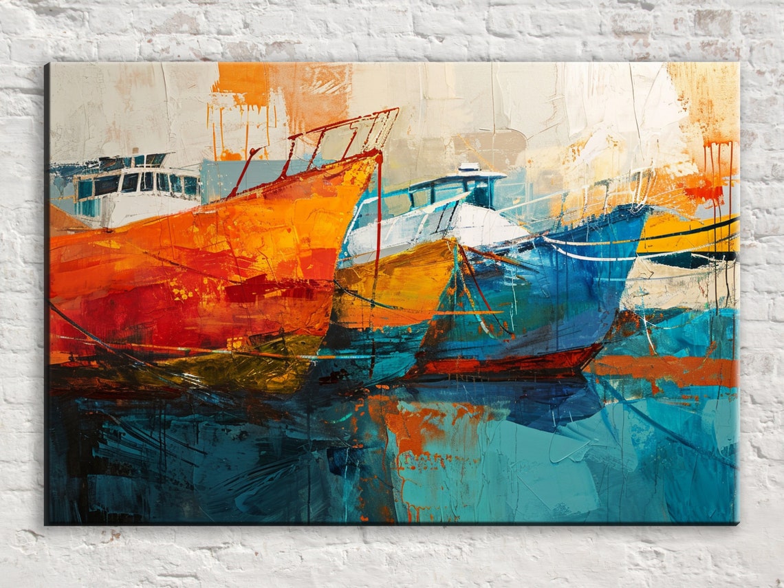 Abstract Colorful Harbor Boats Docked Orange Blue Hulls Wall Art