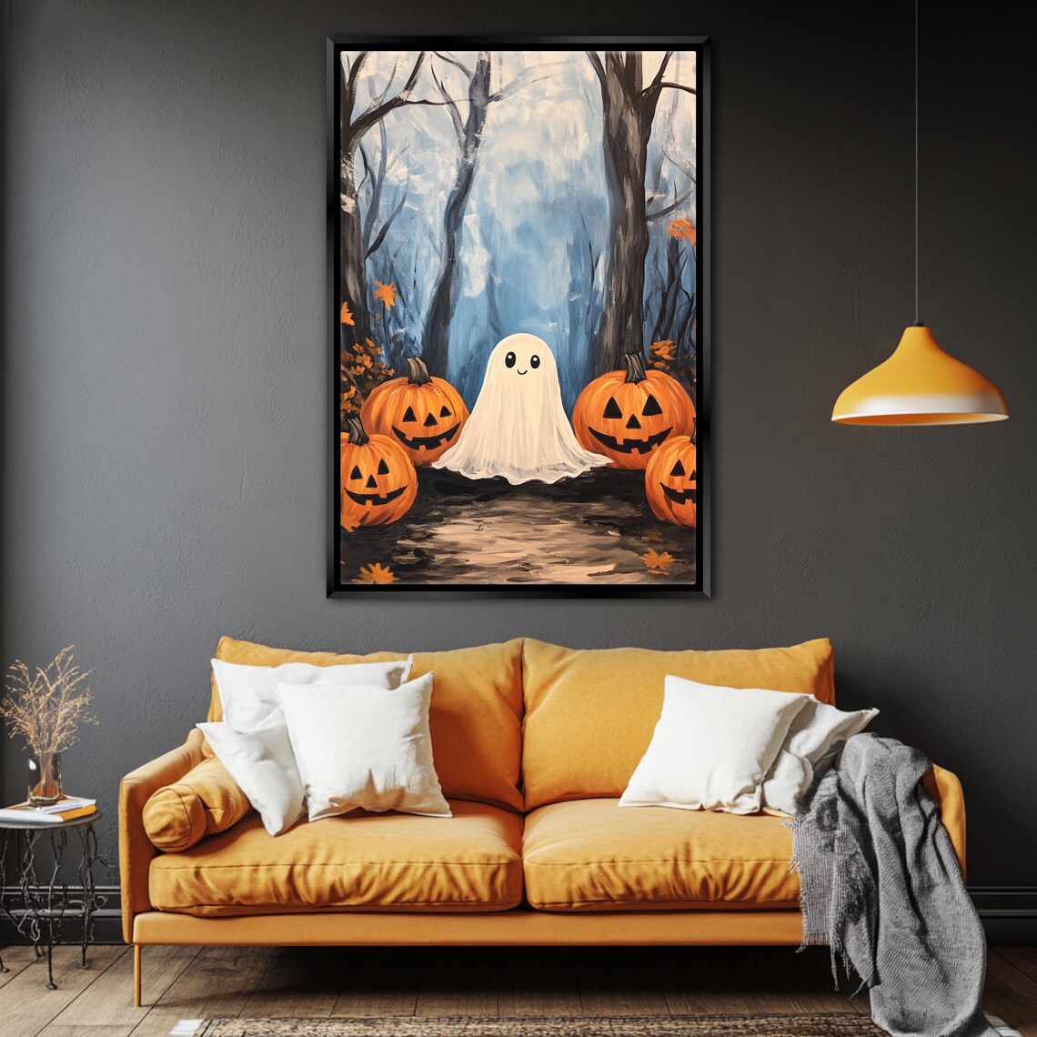 Adorable Ghost Among Glowing Jack O Lanterns In Foggy Halloween Woods Poster - Image 3