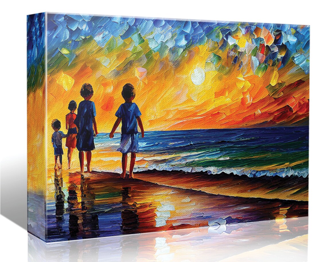 Kids Running on Golden Sunset Beach Silhouettes Ocean Waves Poster - Image 5