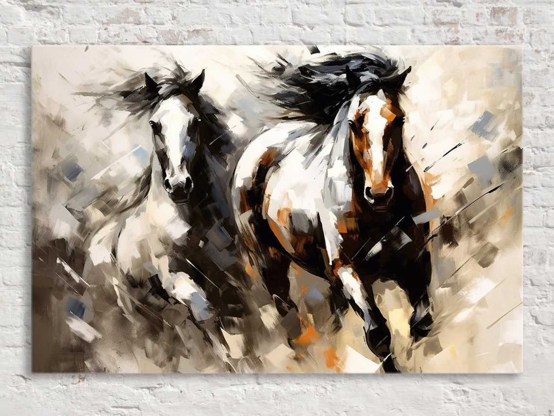 Pair of Galloping Pinto Horses Abstract Equine Running Poster