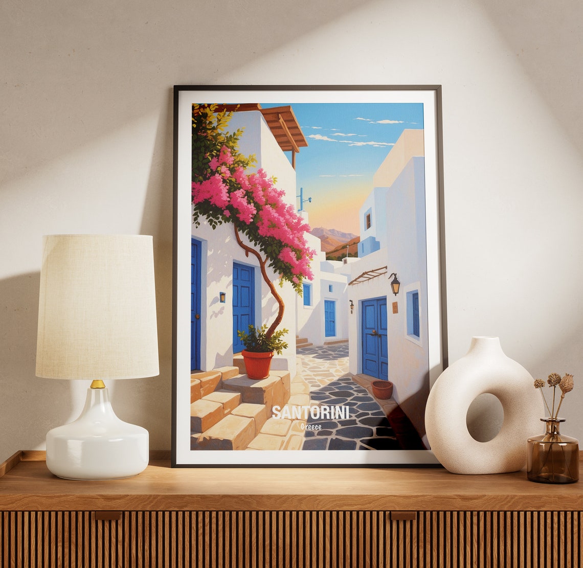 Santorini Greece White Alley With Bougainvillea Blossoms Poster - Image 3