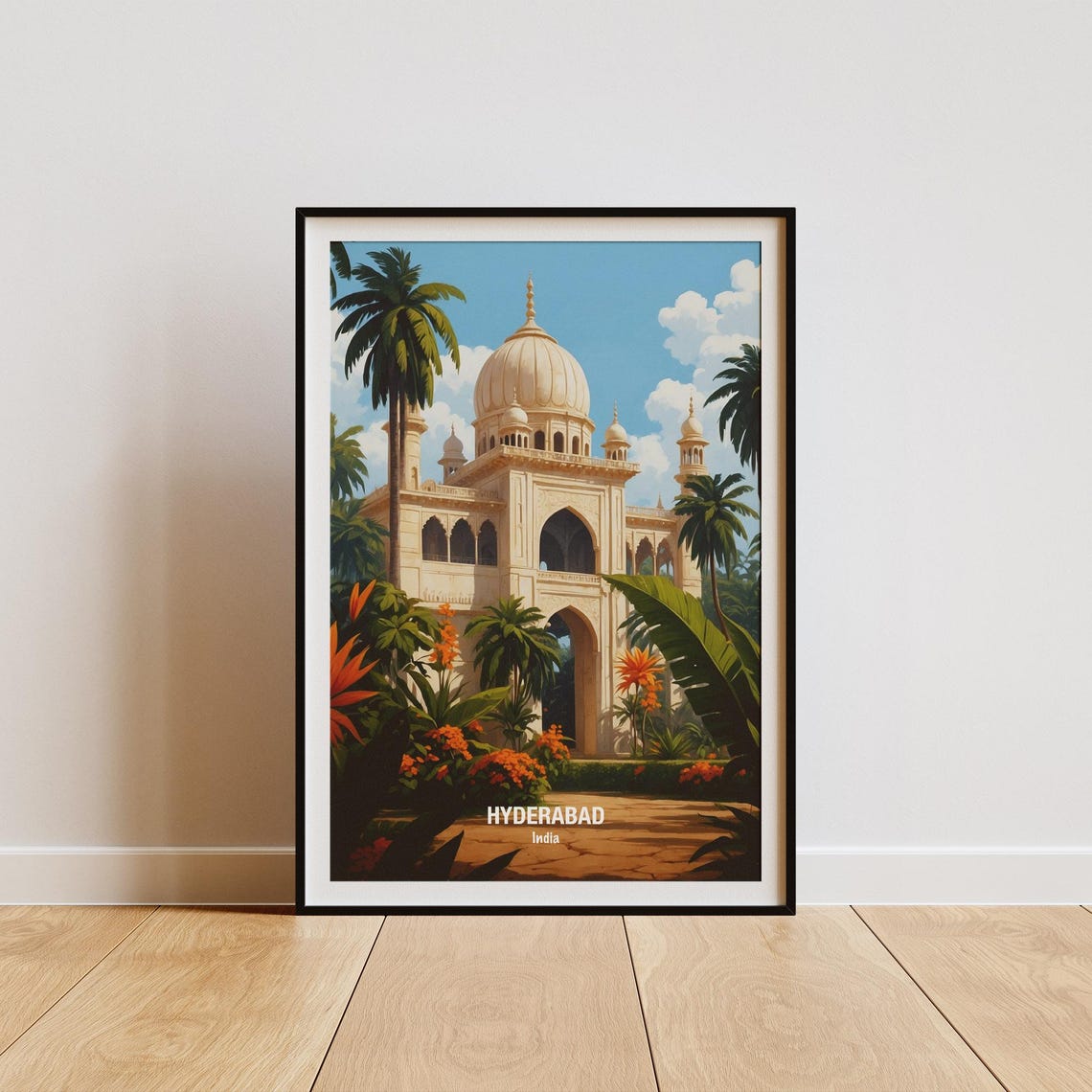 India Hyderabad White Domed Monument Palm Garden Vintage Poster
