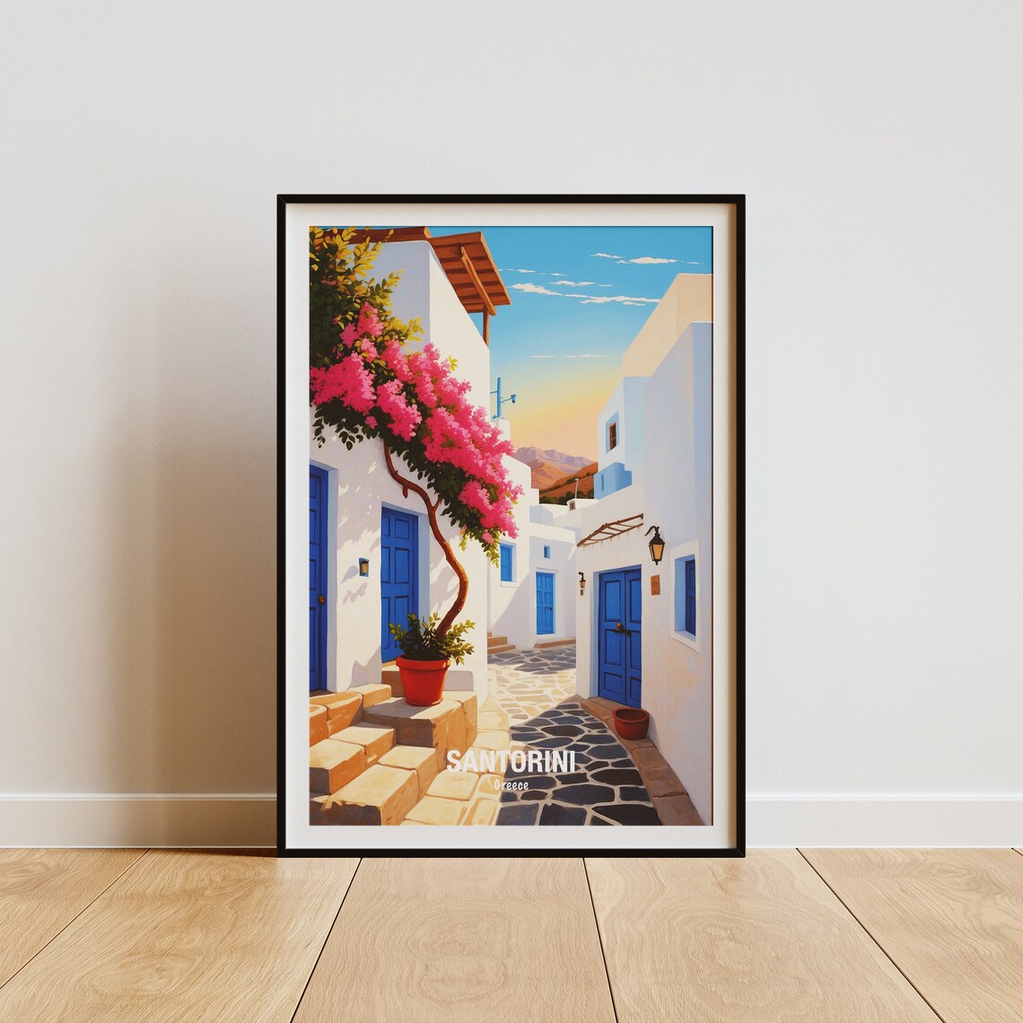 Santorini Greece White Alley With Bougainvillea Blossoms Poster