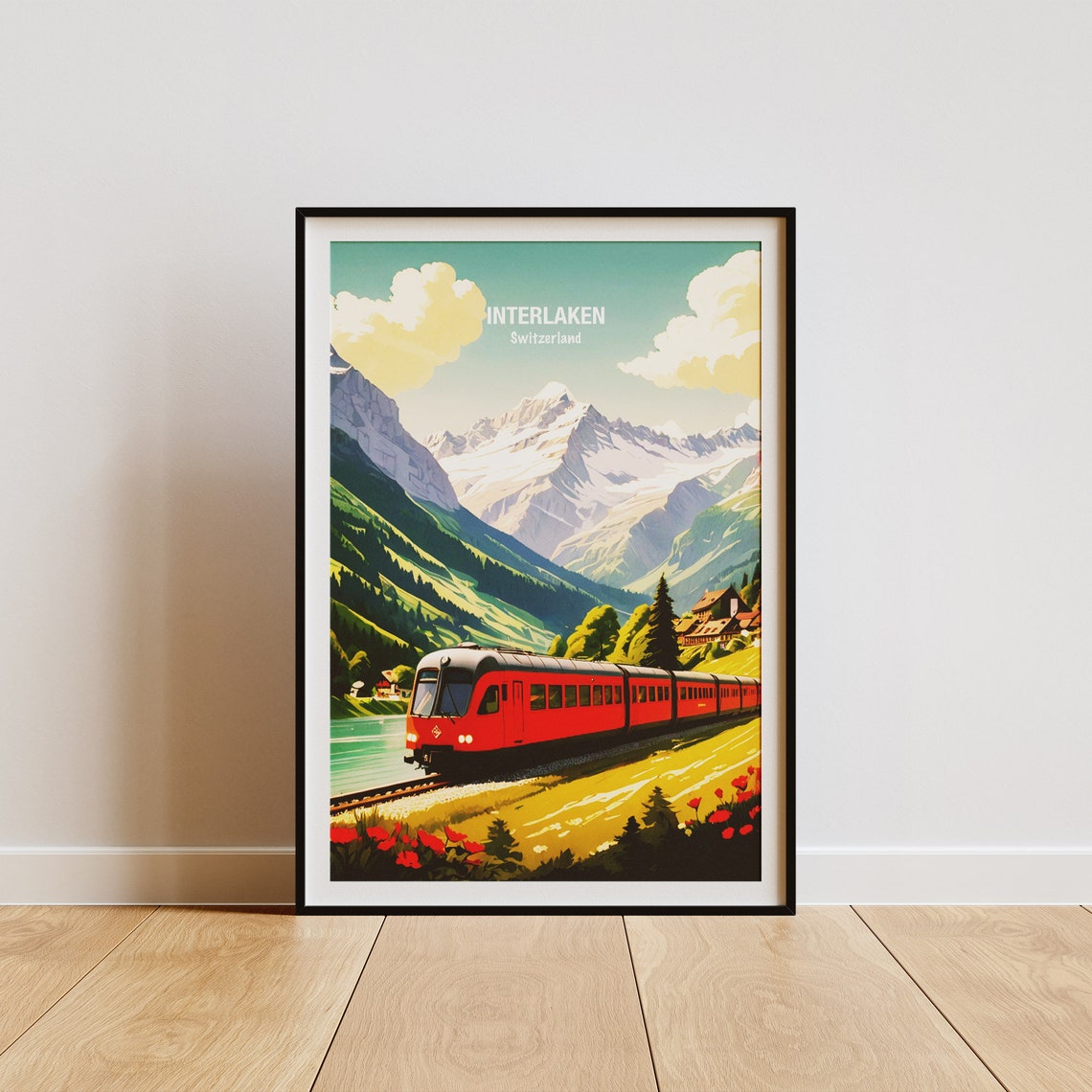 Interlaken Red Swiss Train Through Alpine Valley Travel Poster