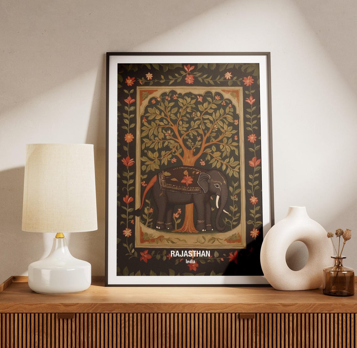 India Rajasthan Royal Elephant Under Tree Traditional Art Poster - Image 3