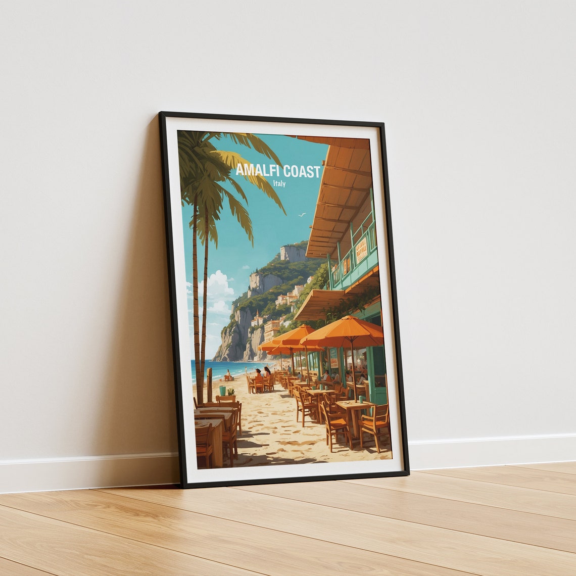 Amalfi Coast Italy Beachfront Cafe With Orange Umbrellas Poster - Image 5
