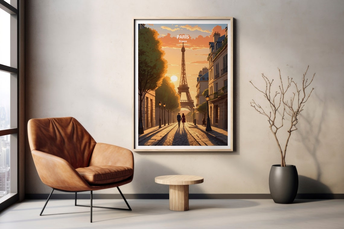 Paris Eiffel Tower Golden Sunset Boulevard Strolling Couple Poster - Image 2