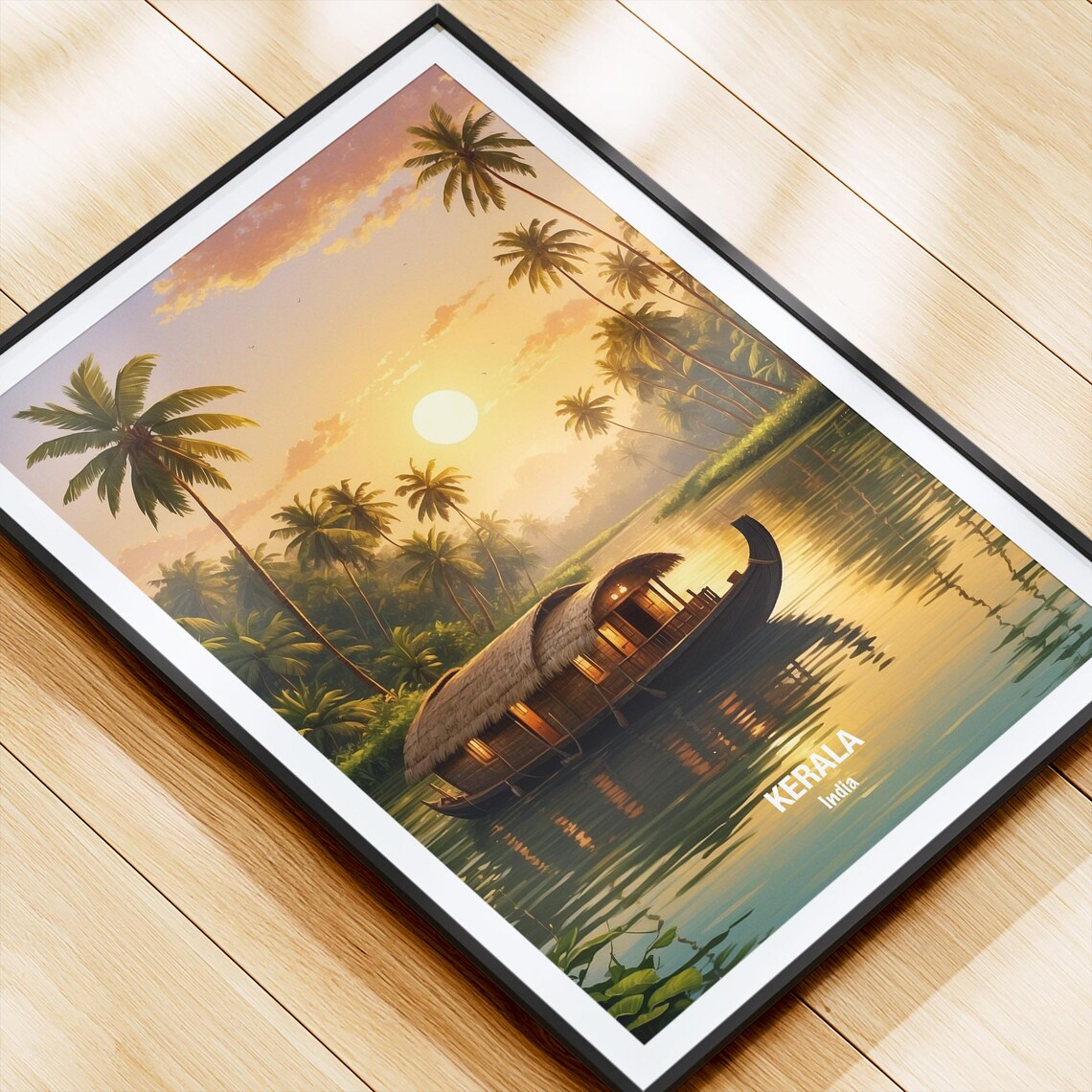 India Kerala Houseboat Backwaters Golden Sunset Palm Trees Poster - Image 4