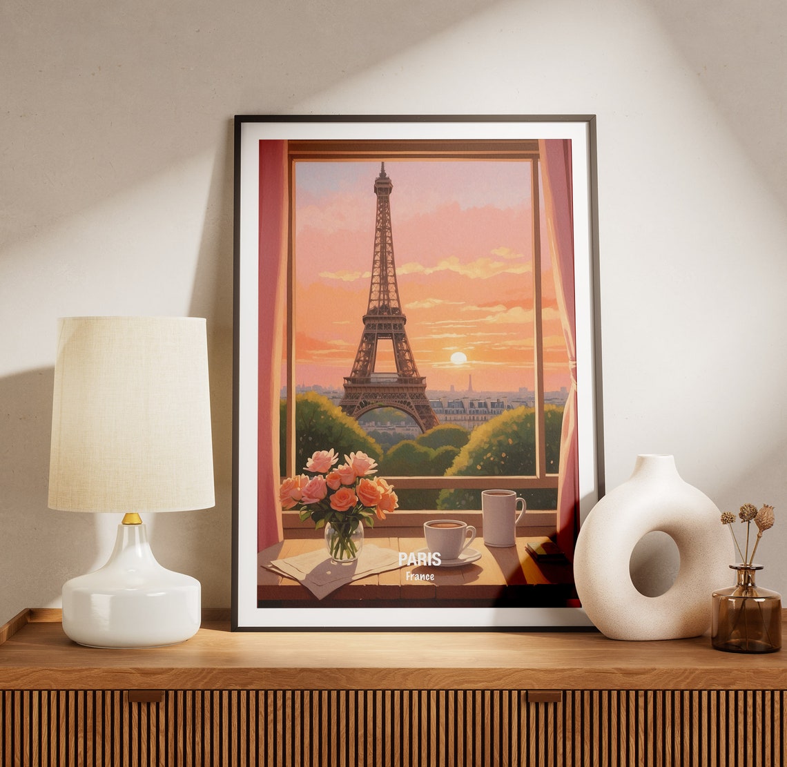Paris Eiffel Tower Window View Coffee Cups Roses Sunrise Poster - Image 3