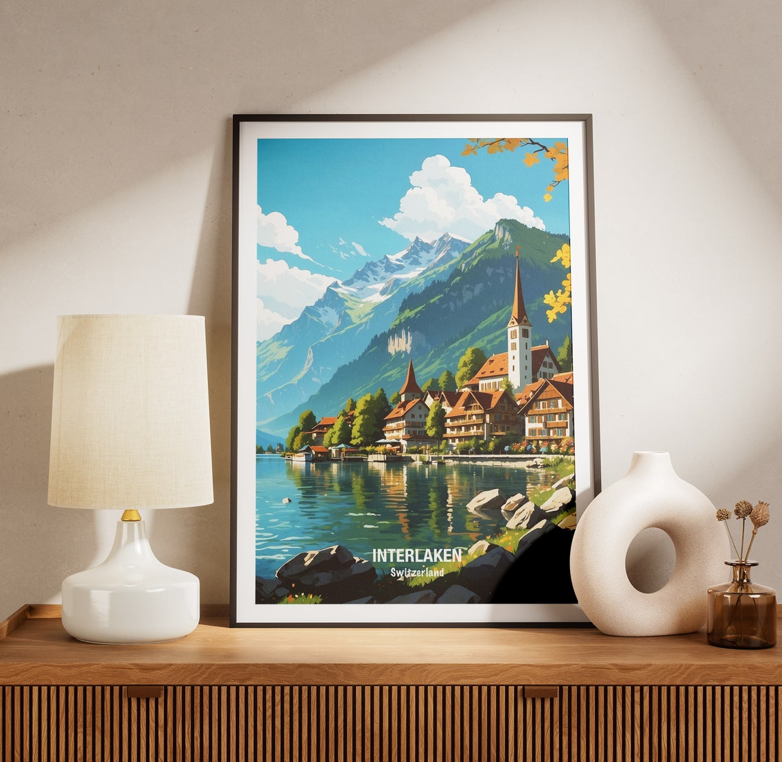 Interlaken Switzerland Lakeside Village Church Alpine Peak Poster - Image 3