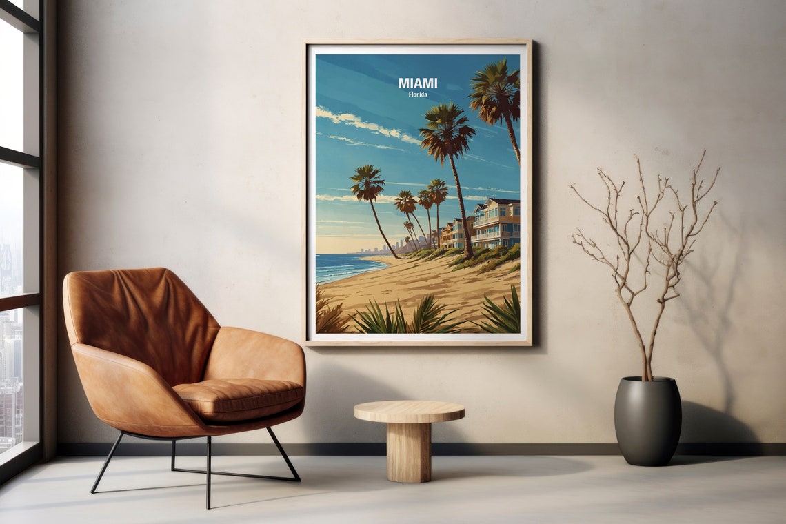 Miami Florida Palm Lined Beachfront With Ocean Skyline Poster - Image 2