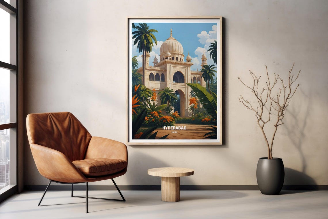 India Hyderabad White Domed Monument Palm Garden Vintage Poster - Image 2