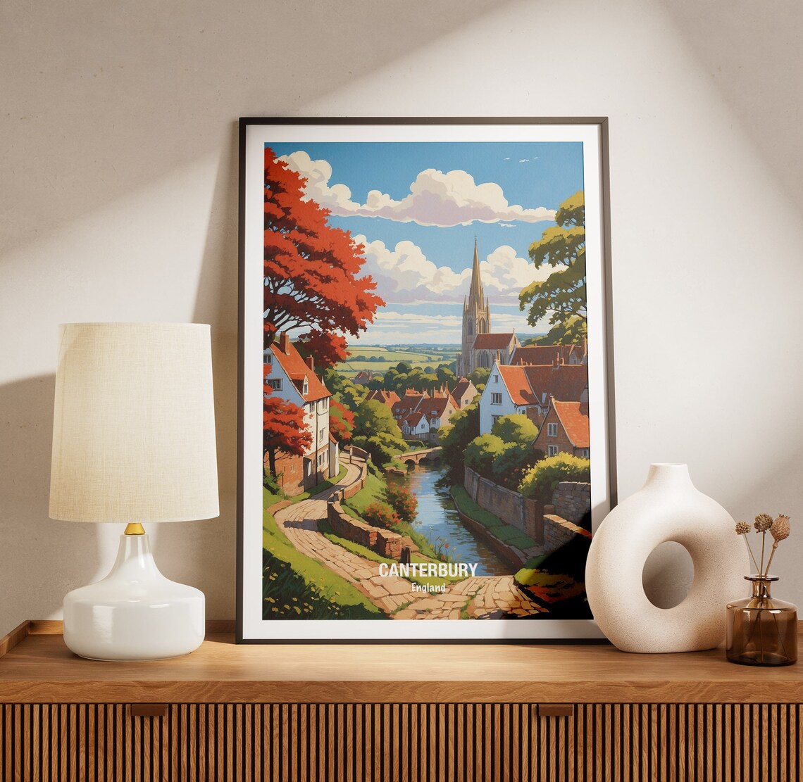 Canterbury Cathedral Riverside Village England Vintage Travel Poster - Image 3