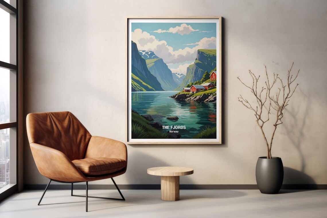 Norway Fjords Red Cabins Mountain Lake Scenic Vintage Poster - Image 2