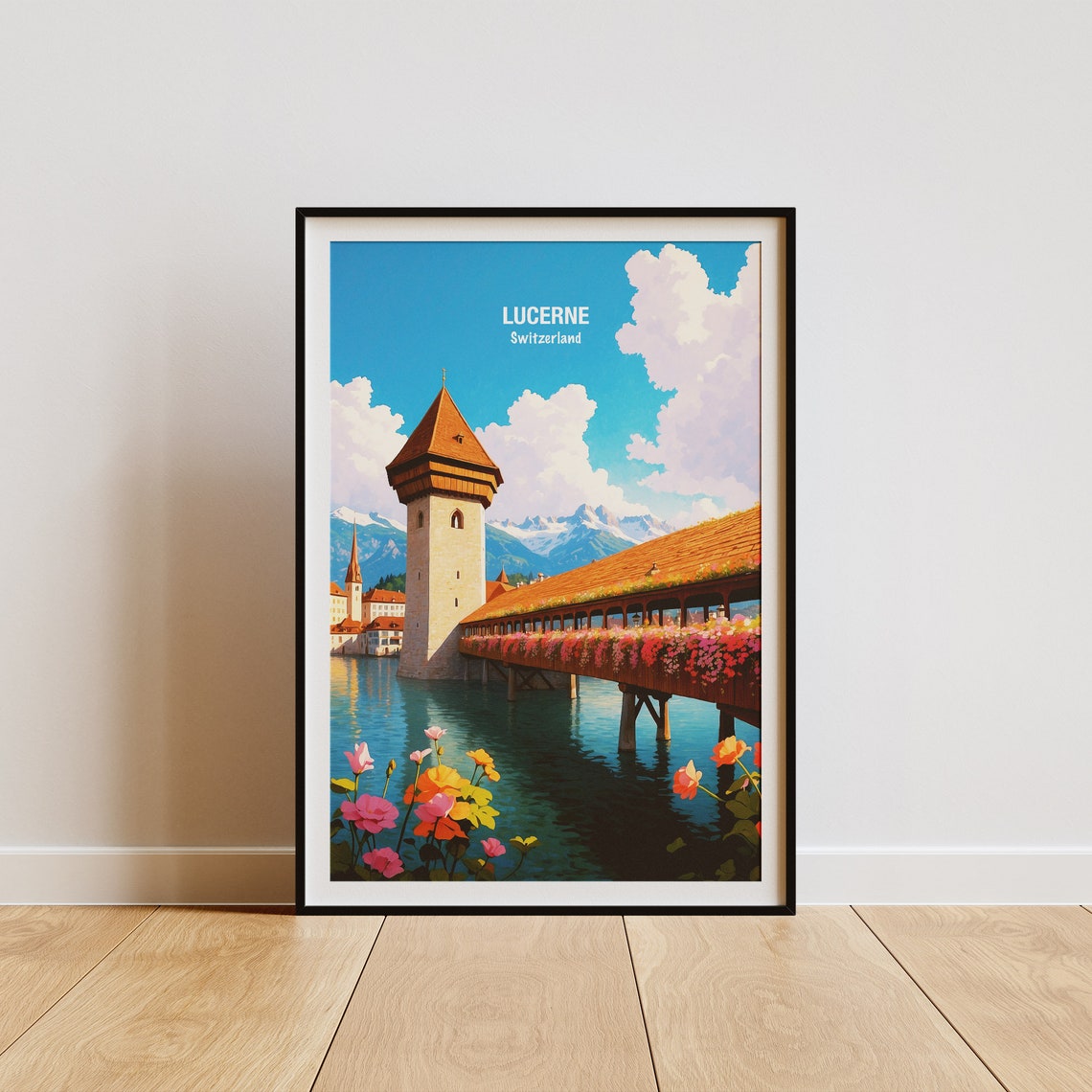Lucerne Switzerland Chapel Bridge Flower Boxes River Alps Poster