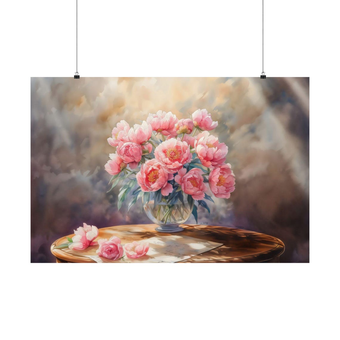 Lush Pink Peonies in Clear Vase Soft Spring Watercolor Art Poster - Image 2