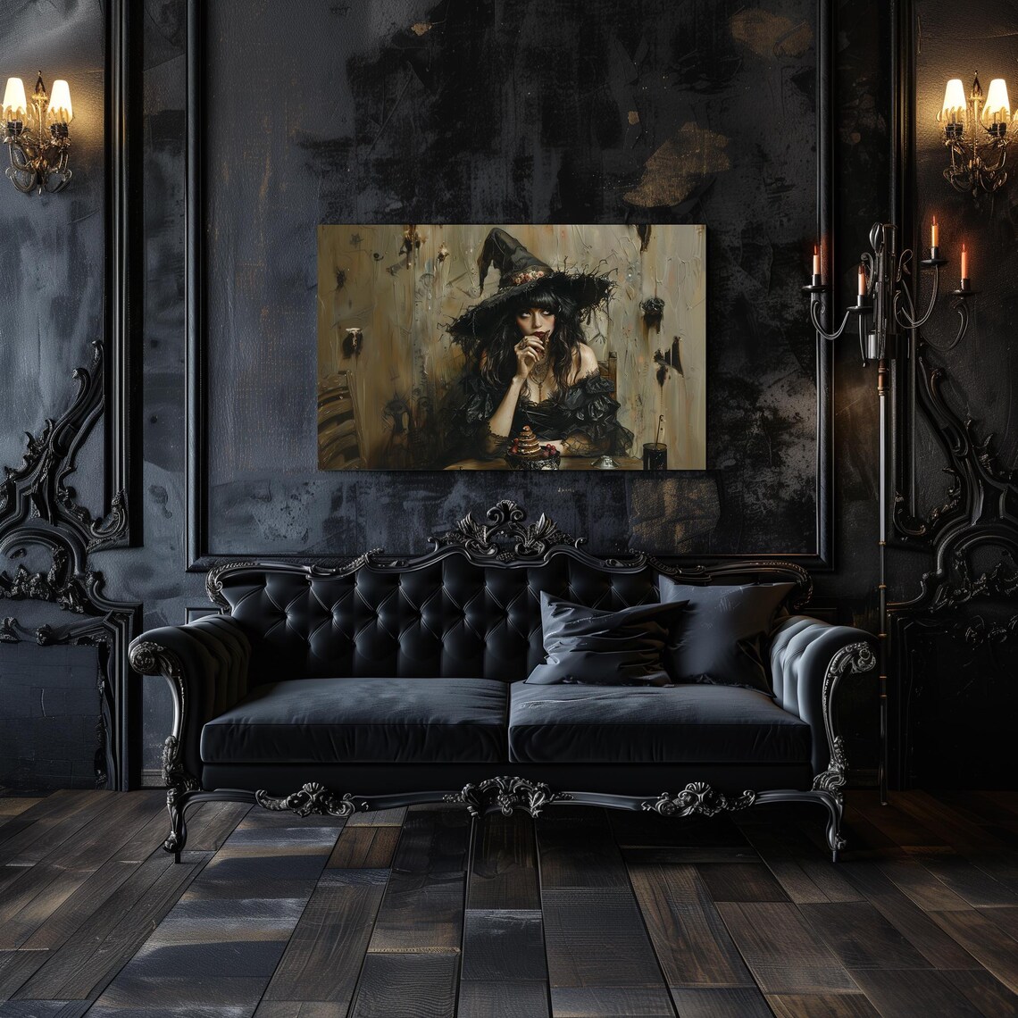 Spooky Witch Eating Cake Gothic Halloween Dark Academia Painting Poster