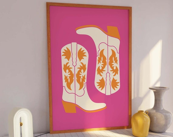 Cowgirl Boots Print Art Pink Orange Western Print Retro Wall Art Trendy Maximalist Wall Art Cute Dorm Decor
