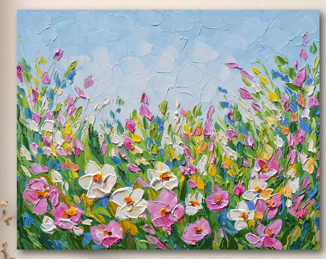 Pink White Yellow Blue Wildflower Field Spring Sky Impasto Poster