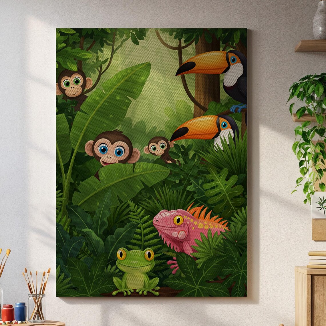 Cartoon Jungle Animals Monkey Toucan Kids Tropical Safari Art Print