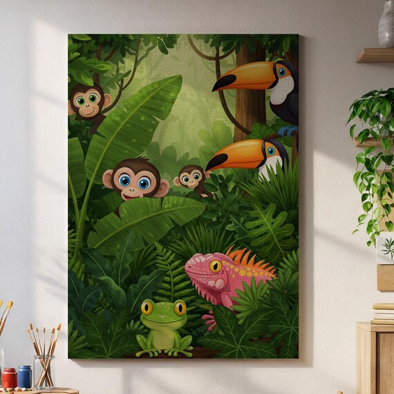 Cartoon Jungle Animals Monkey Toucan Kids Tropical Safari Art Print