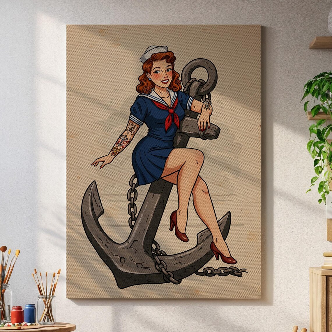 Retro Sailor Pinup Girl Anchor Tattoo Style Vintage Nautical Art Poster
