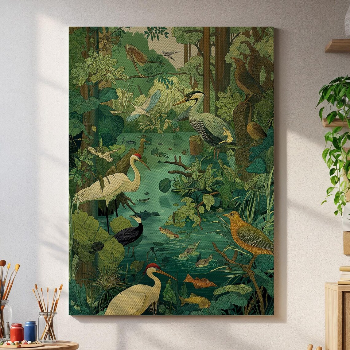 Tropical Birds Jungle Pond Herons Egrets Detailed Wildlife Art Poster
