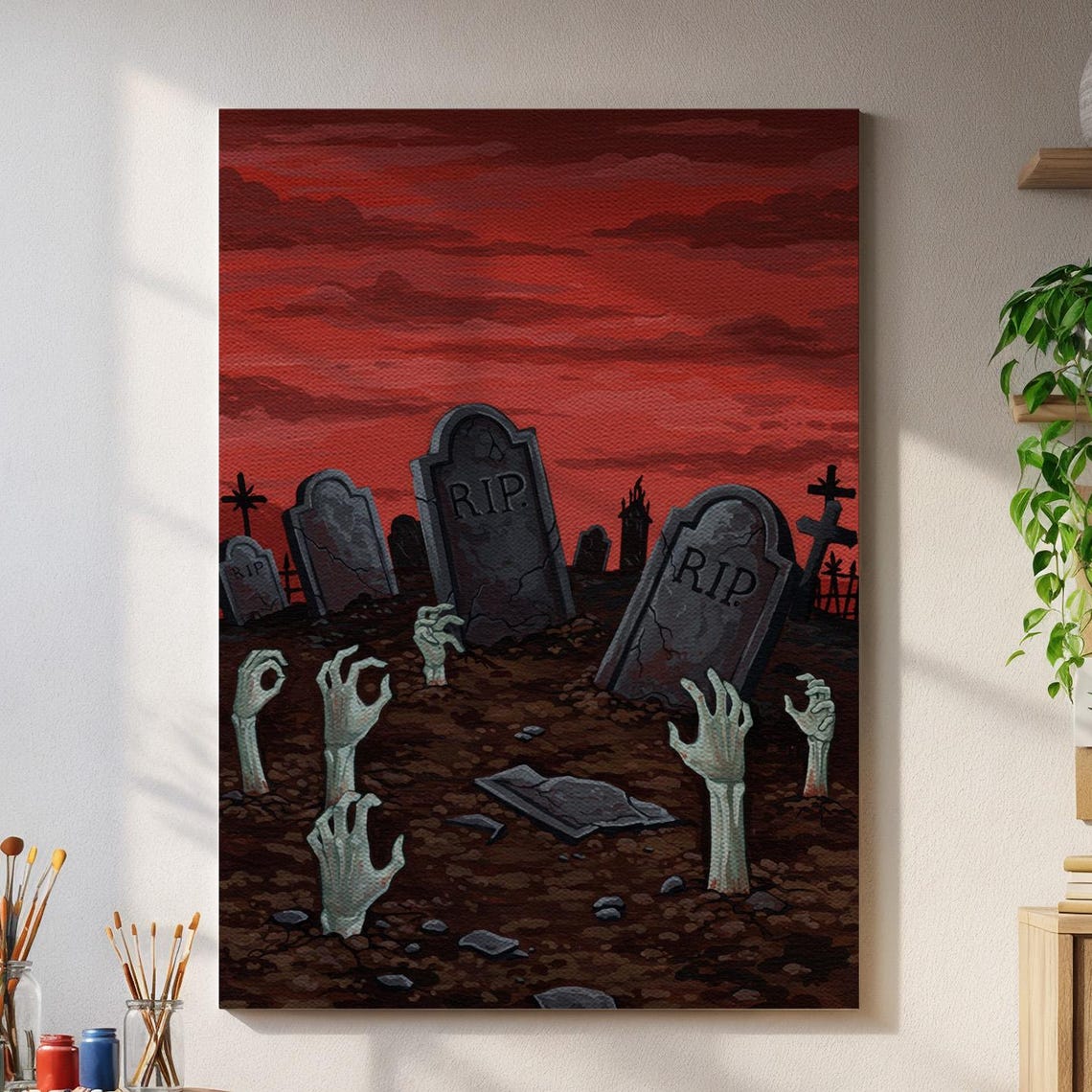 Zombie Graveyard Undead Hands Rising Red Sky Horror Halloween Poster
