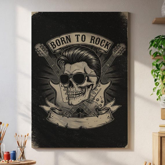 Born To Rock Skull Canvas Art Retro Rockabilly Guitar Print Punk Music Wall Decor Framed Vintage Skeleton Rocker Poster Home
