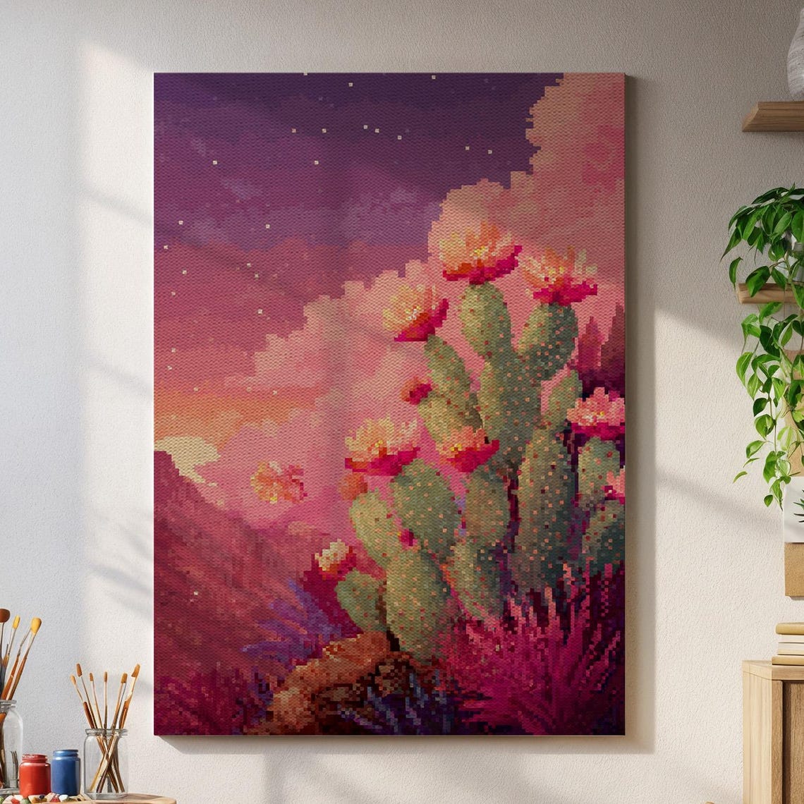 Blooming Cactus Retro Pixel Art Desert Sunset Boho Western Print