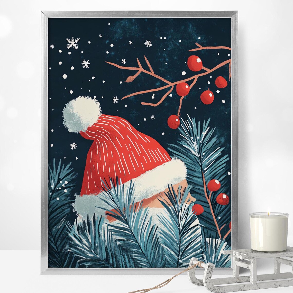 Retro Christmas Santa Hat Pine Berries Snowflakes Holiday Poster