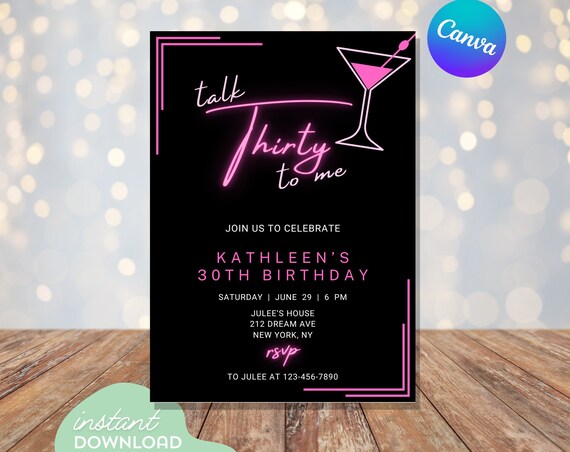 Talk Thirty To Me Neon Pink 30th Birthday Invitation Template Print