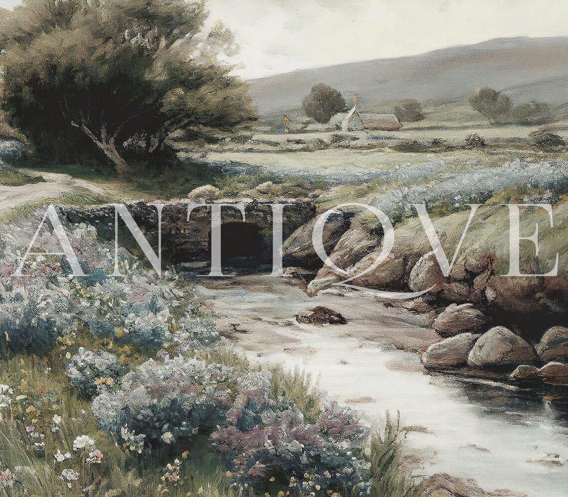 Irish Landscape Painting Stream With Flowers, Art Print - Image 3