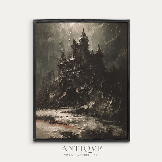 Stormy Night Castle Cliff Dark Gothic Oil Painting Style Poster