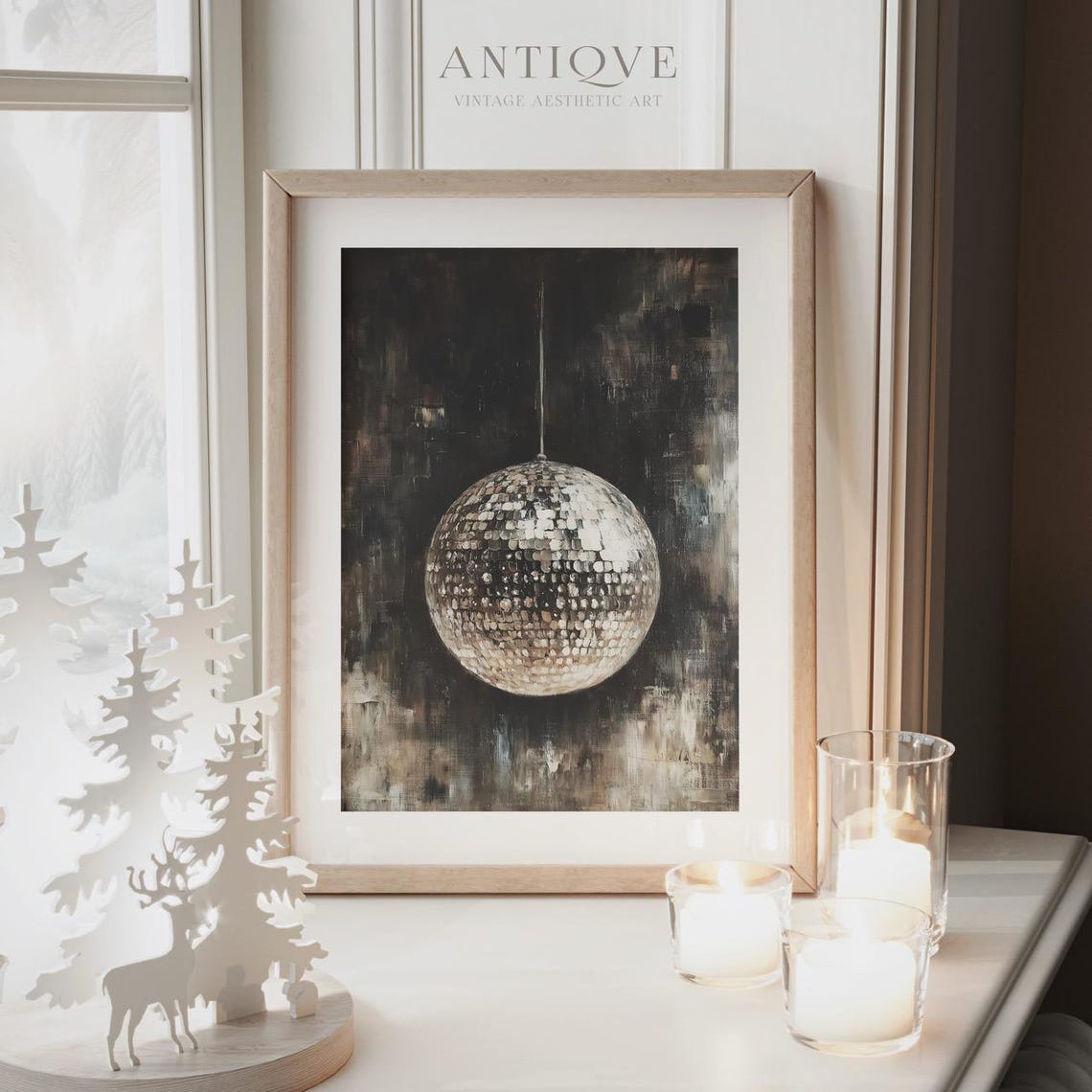 Disco Ball Hanging on Dark Abstract Festive New Years Party Wall Art