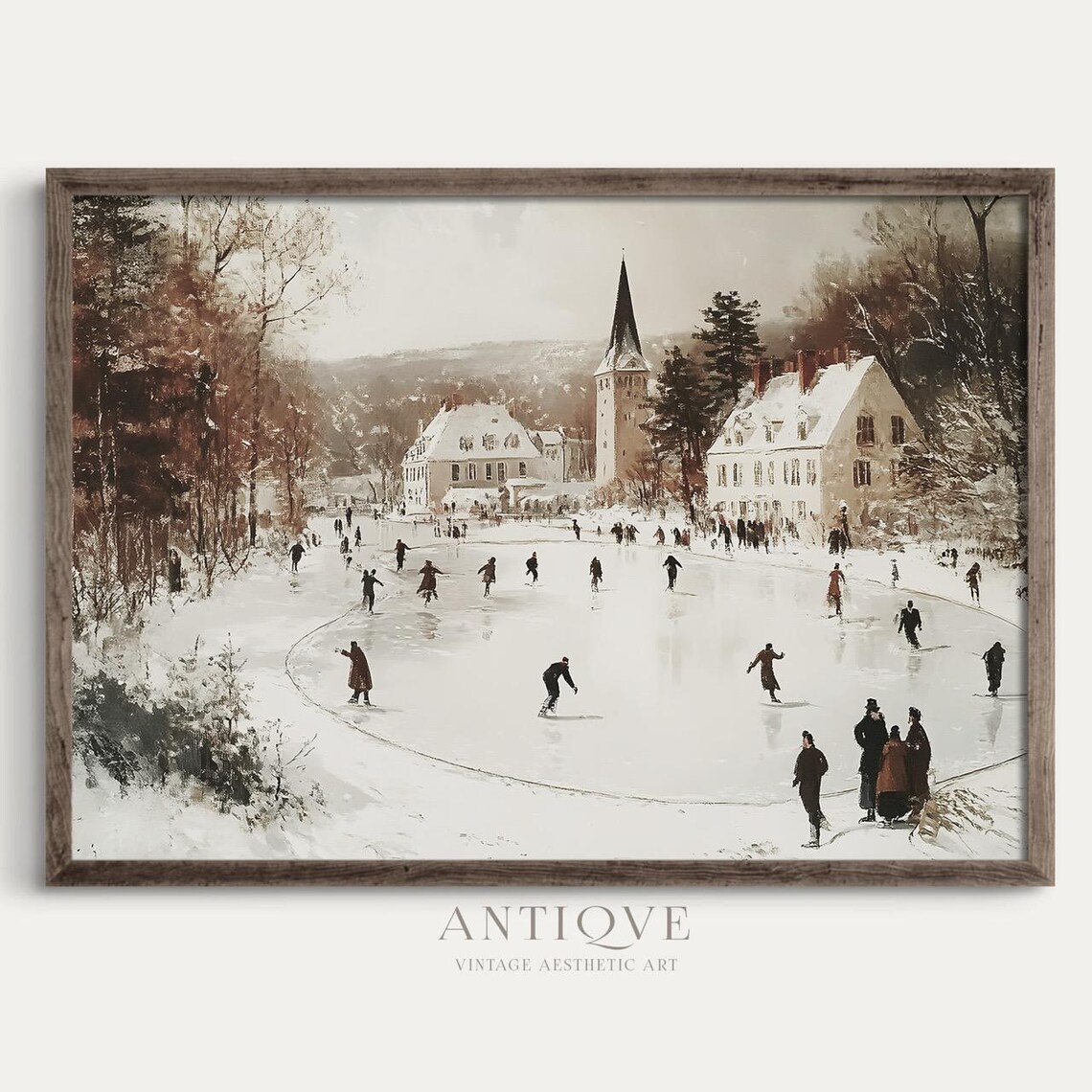 Vintage Winter Skating Scene, Rustic Christmas Decor