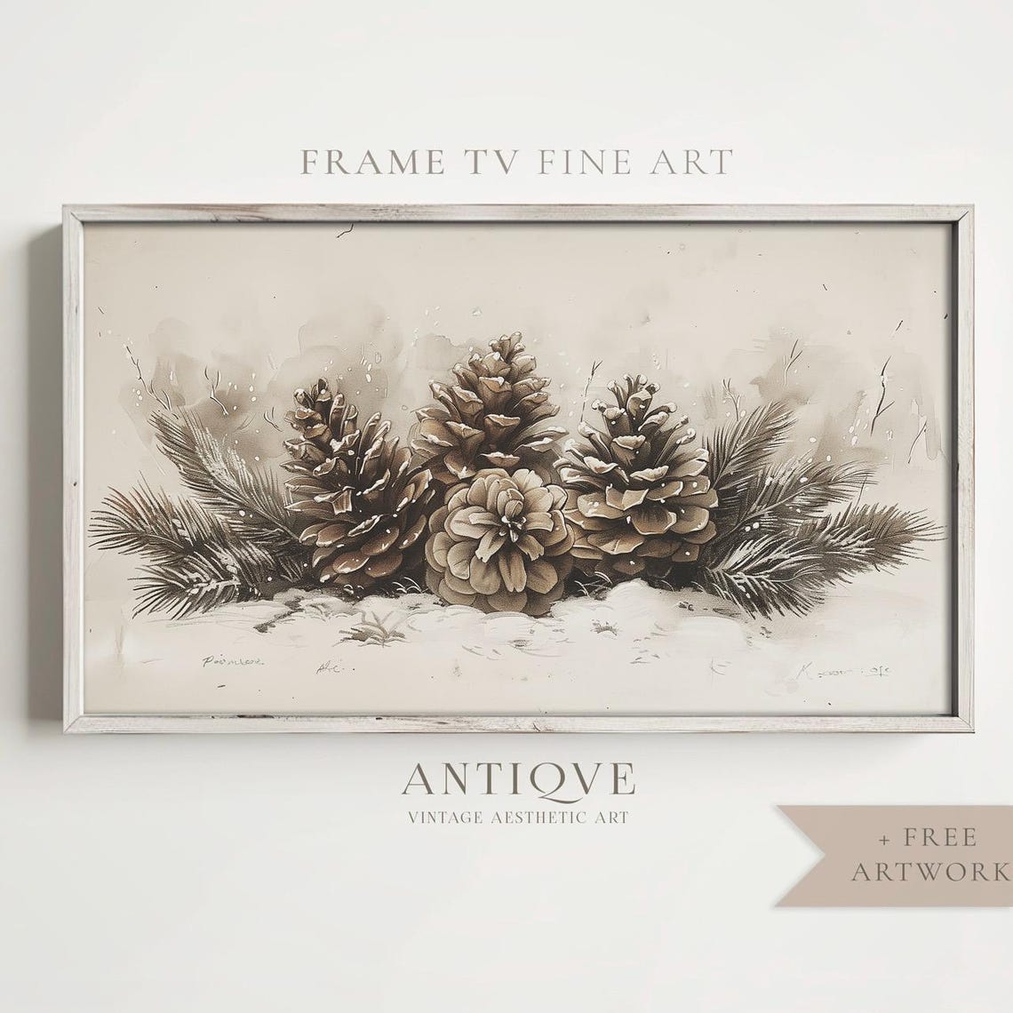 Rustic Pinecone Christmas Sketch Neutral Winter Fine Art Print - Image 4