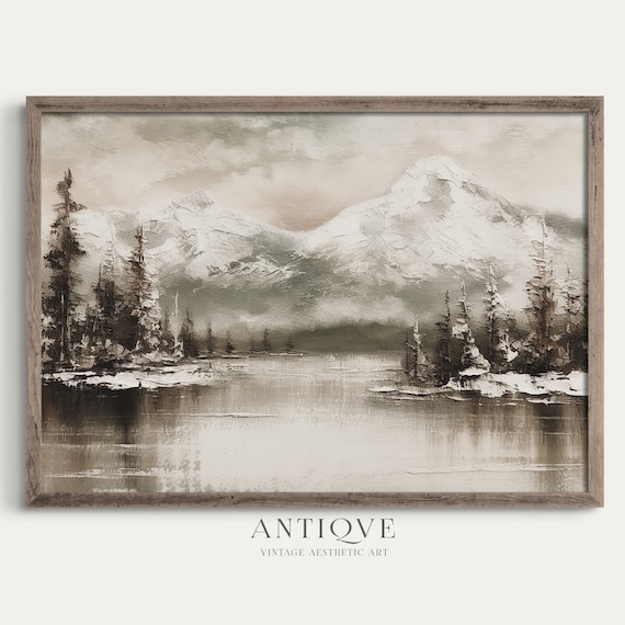 Winter Mountains Landscape, Rustic Christmas Art Print