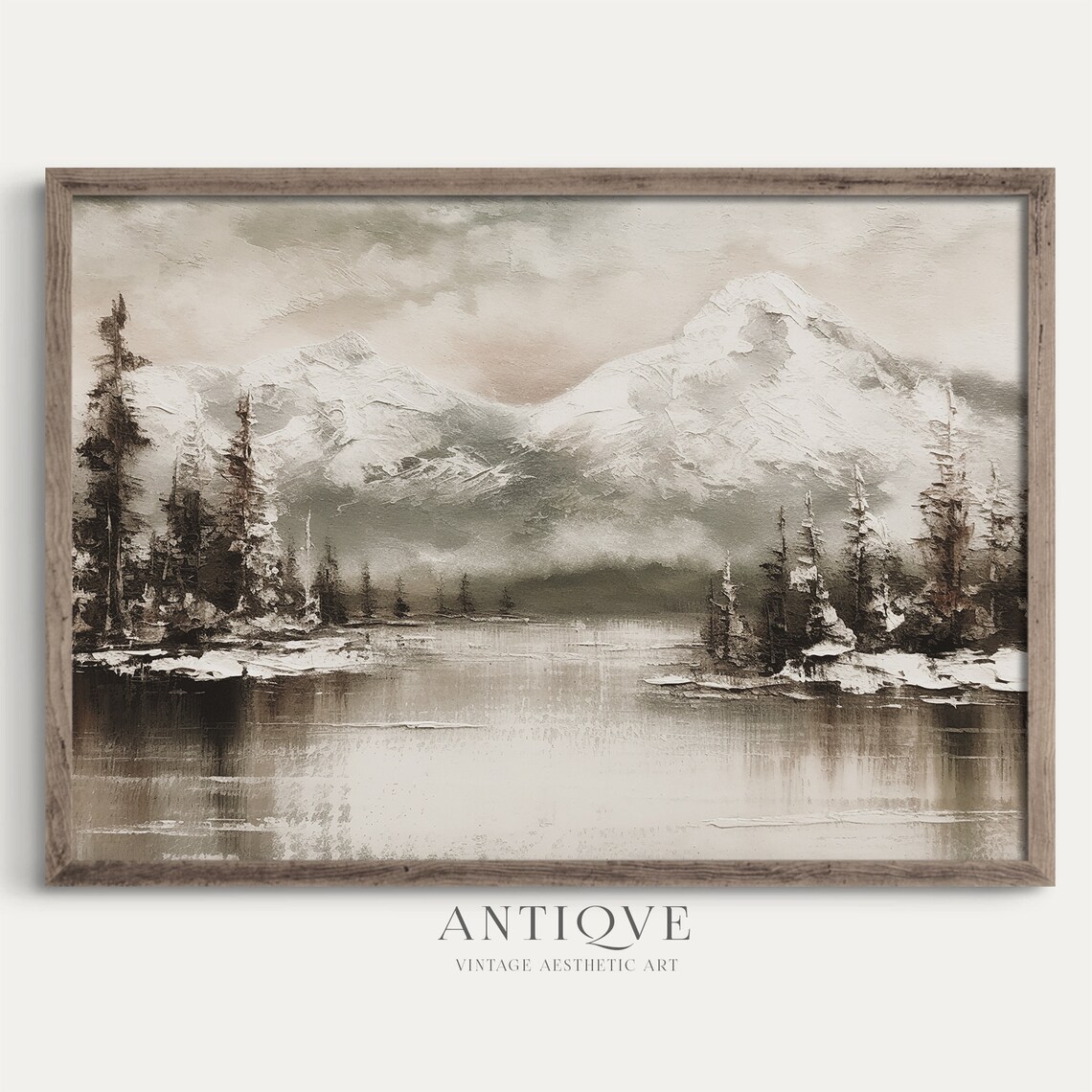 Winter Mountains Landscape, Rustic Christmas Art Print