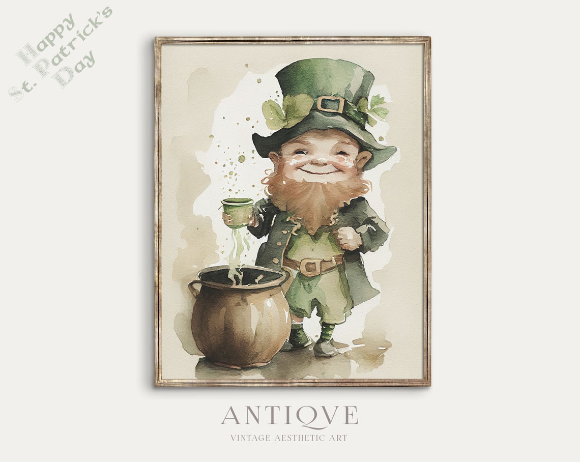 Cheerful Leprechaun Pot of Gold St Patrick's Day Watercolor Poster
